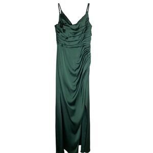 Azazie Emerald Green Satin Cowl Neck Ruched Slit Formal Evening Gown Size 6